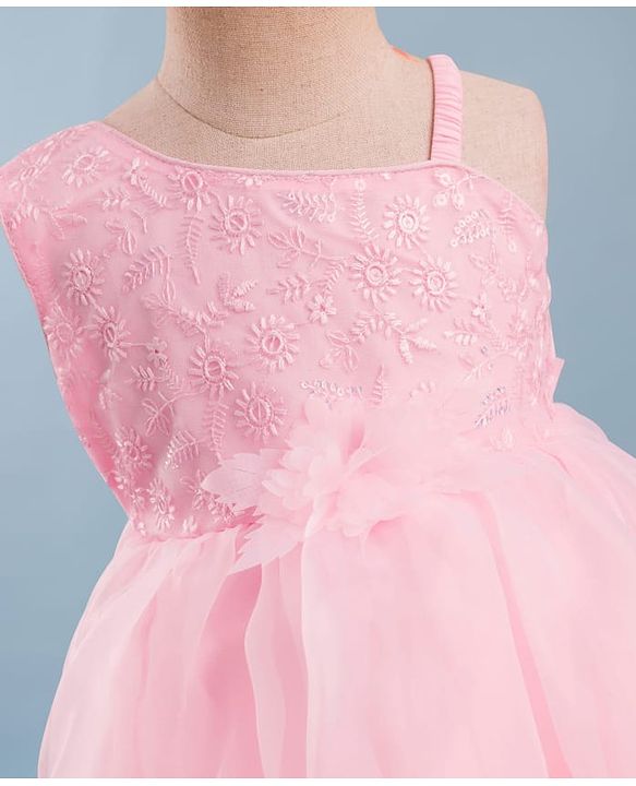 Babyhug Mesh Woven Sleeveless One Shoulder Party Dress With Floral Embroidery & Sequin Detailing - Light Pink