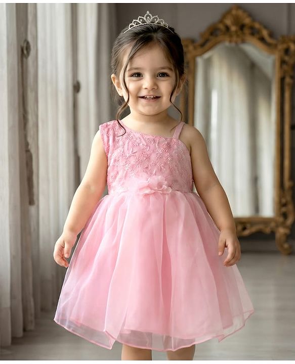 Babyhug Mesh Woven Sleeveless One Shoulder Party Dress With Floral Embroidery & Sequin Detailing - Light Pink