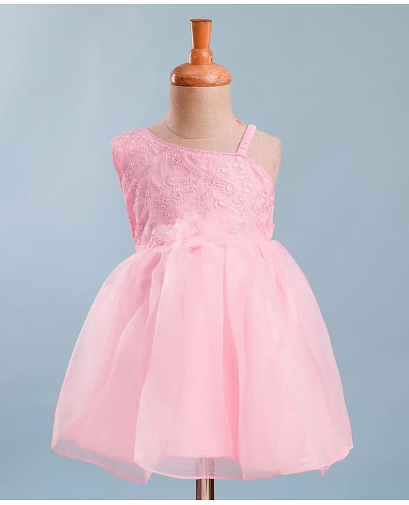 Babyhug Mesh Woven Sleeveless One Shoulder Party Dress With Floral Embroidery & Sequin Detailing - Light Pink