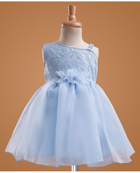 Babyhug Mesh Woven Sleeveless One Shoulder Party Dress With Floral Embroidery & Sequin Detailing - Light Pink