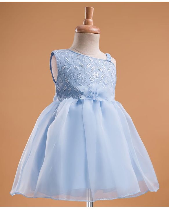 Babyhug Mesh Woven Sleeveless One Shoulder Party Dress With Floral Embroidery & Sequin Detailing - Light Pink