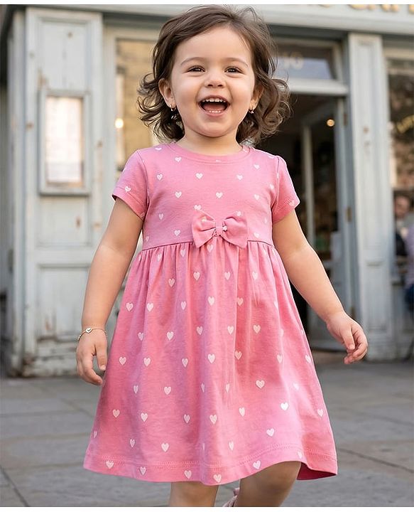 Babyhug Single Jersey Knit Half Sleeves Frock With Polka Dot Print & Bow Applique - Pink