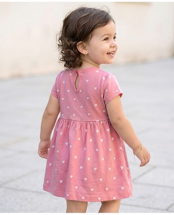 Babyhug Single Jersey Knit Half Sleeves Frock With Polka Dot Print & Bow Applique - Pink
