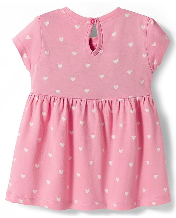 Babyhug Single Jersey Knit Half Sleeves Frock With Polka Dot Print & Bow Applique - Pink