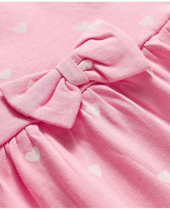 Babyhug Single Jersey Knit Half Sleeves Frock With Polka Dot Print & Bow Applique - Pink