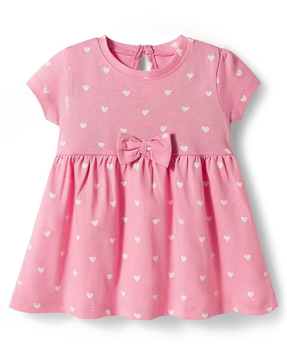 Babyhug Single Jersey Knit Half Sleeves Frock With Polka Dot Print & Bow Applique - Pink