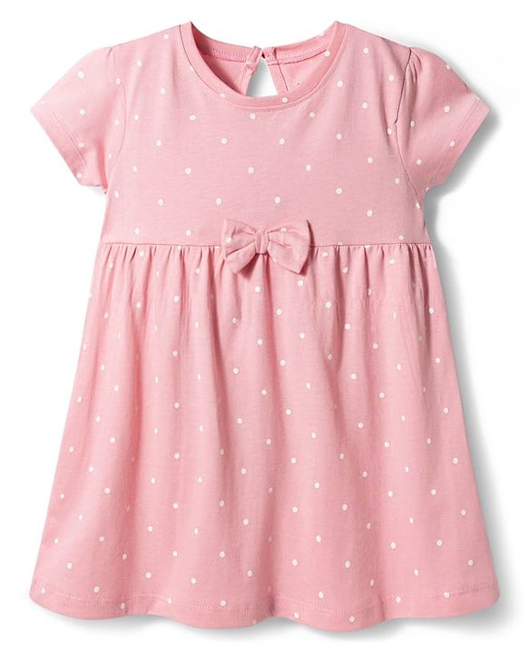 Babyhug Single Jersey Knit Half Sleeves Polka Dots Printed Frock  with Bow Applique - Pink