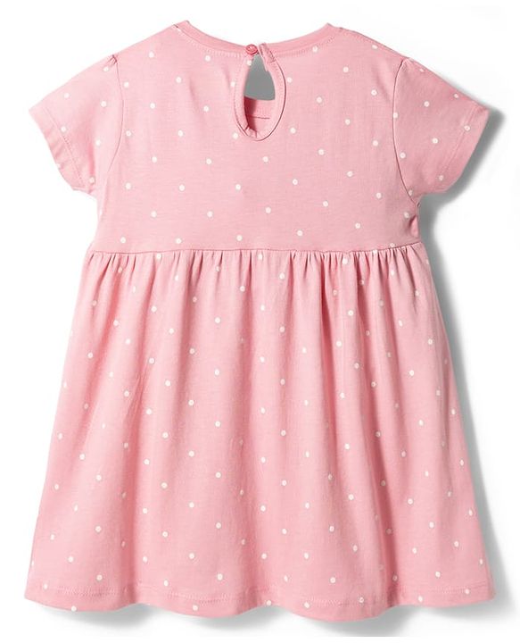 Babyhug Single Jersey Knit Half Sleeves Polka Dots Printed Frock  with Bow Applique - Pink
