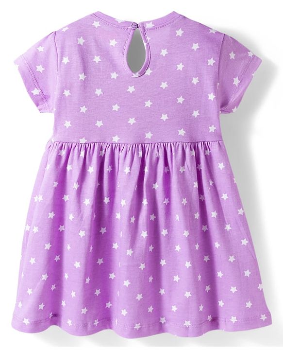 Babyhug 100% Cotton Knit Half Sleeves Star Printed Frock With Bow Applique - Purple