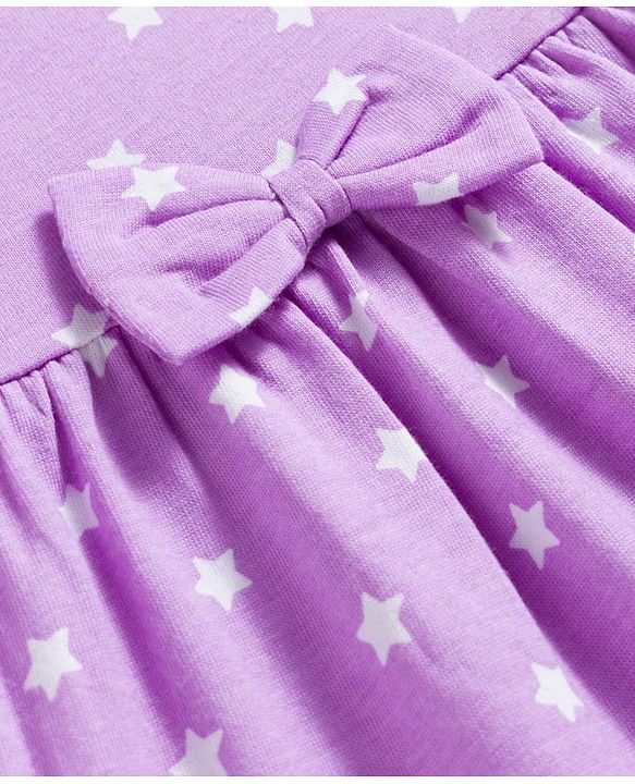 Babyhug 100% Cotton Knit Half Sleeves Star Printed Frock With Bow Applique - Purple