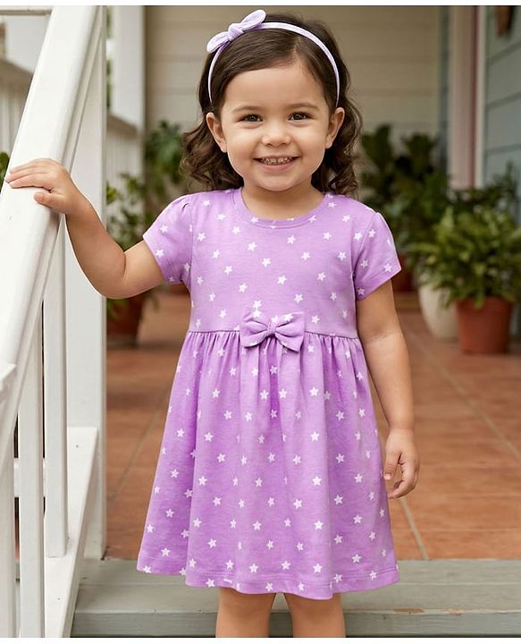 Babyhug 100% Cotton Knit Half Sleeves Star Printed Frock With Bow Applique - Purple