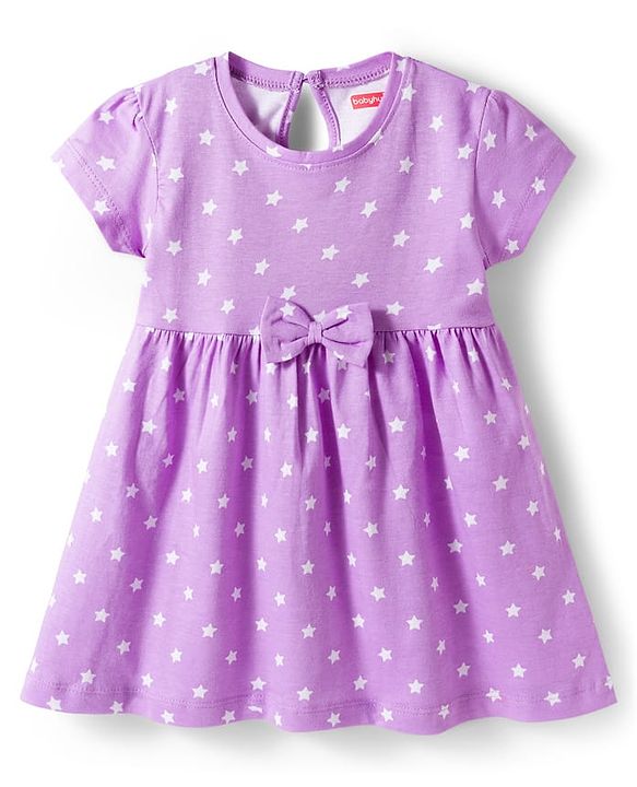 Babyhug 100% Cotton Knit Half Sleeves Star Printed Frock With Bow Applique - Purple