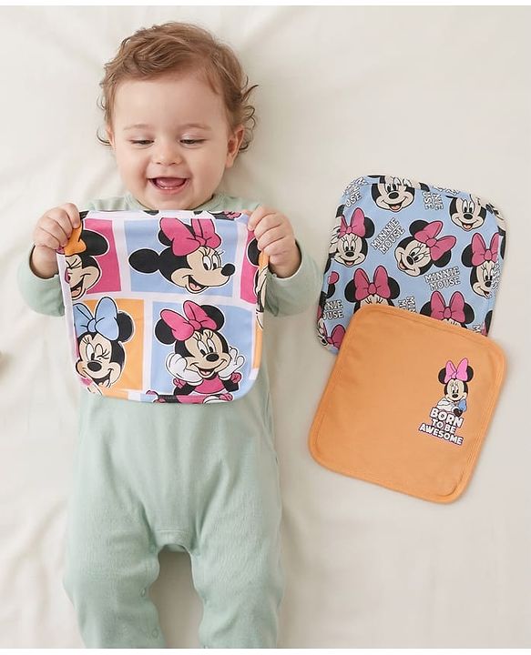 Babyhug Disney Interlock Knit Hand & Face Towels with Minnie Mouse Graphic Pack of 3 L 29 x B 29 cm - Multicolor