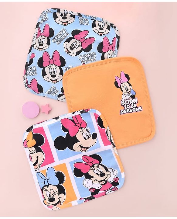 Babyhug Disney Interlock Knit Hand & Face Towels with Minnie Mouse Graphic Pack of 3 L 29 x B 29 cm - Multicolor
