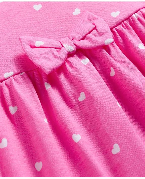 Babyhug 100% Cotton Knit Half Sleeves Hearts Printed Frock With Bow Applique - Pink