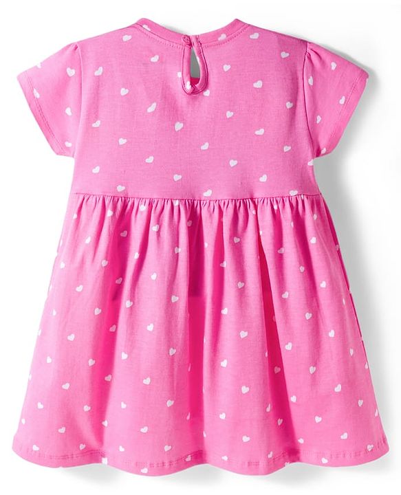 Babyhug 100% Cotton Knit Half Sleeves Hearts Printed Frock With Bow Applique - Pink