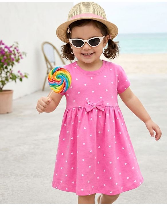 Babyhug 100% Cotton Knit Half Sleeves Hearts Printed Frock With Bow Applique - Pink