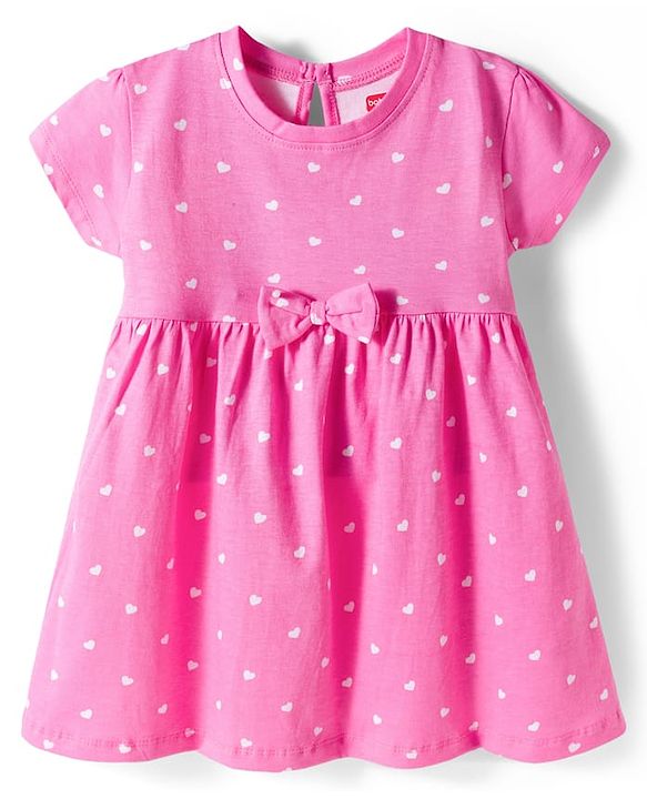 Babyhug 100% Cotton Knit Half Sleeves Hearts Printed Frock With Bow Applique - Pink