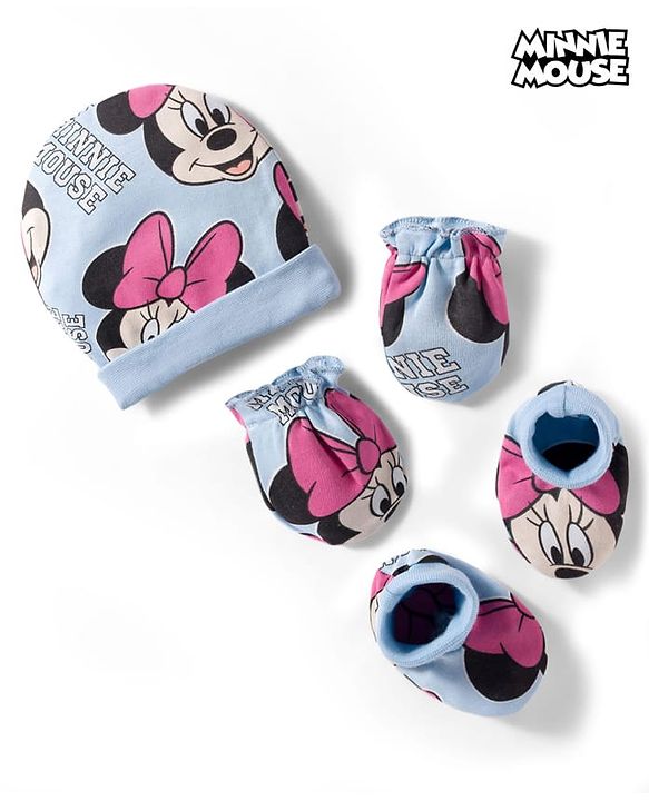 Babyhug Disney Cap, Mittens & Booties Set with Miniie Mouse & Family Print Multicolour - Diameter 9 cm
