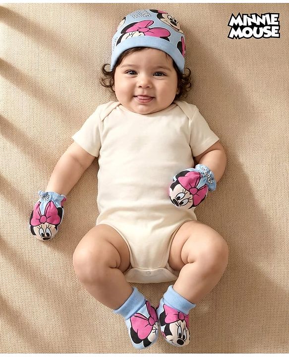 Babyhug Disney Cap, Mittens & Booties Set with Miniie Mouse & Family Print Multicolour - Diameter 9 cm