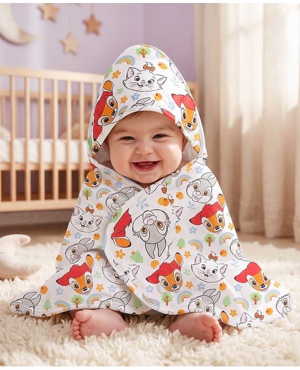 Babyhug Disney 100% Cotton Knit Hooded Towel With Disney Marie Graphics L 76 x B 76 cm - White