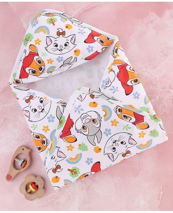 Babyhug Disney 100% Cotton Knit Hooded Towel With Disney Marie Graphics L 76 x B 76 cm - White