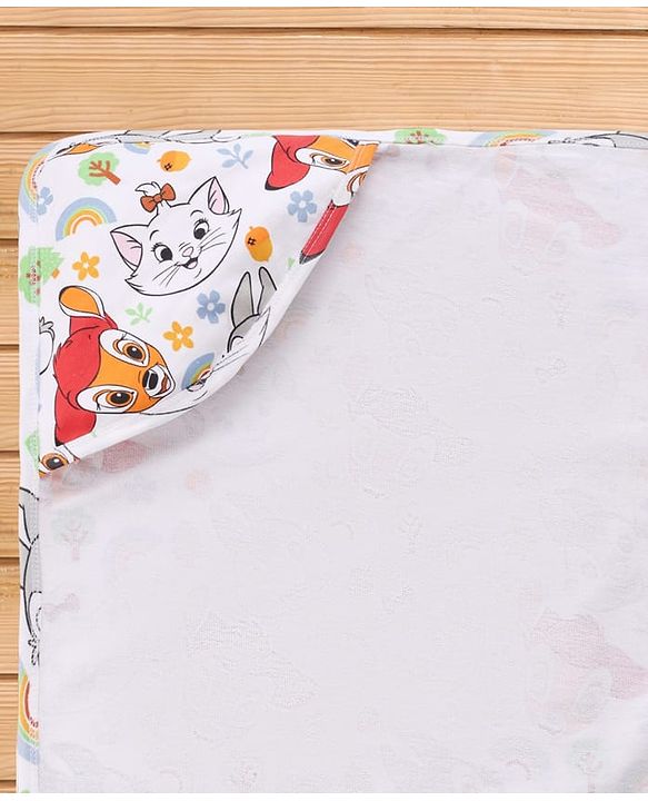 Babyhug Disney 100% Cotton Knit Hooded Towel With Disney Marie Graphics L 76 x B 76 cm - White