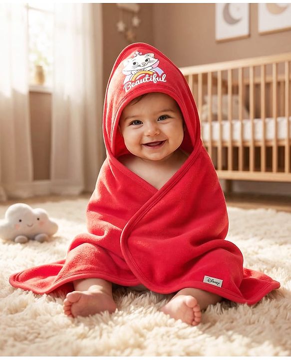 Babyhug Disney 100% Cotton Knit Hooded Towel With Disney Marie Graphics L 76 x B 76 cm - Red