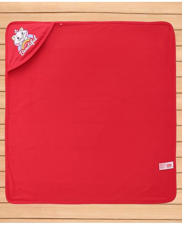 Babyhug Disney 100% Cotton Knit Hooded Towel With Disney Marie Graphics L 76 x B 76 cm - Red