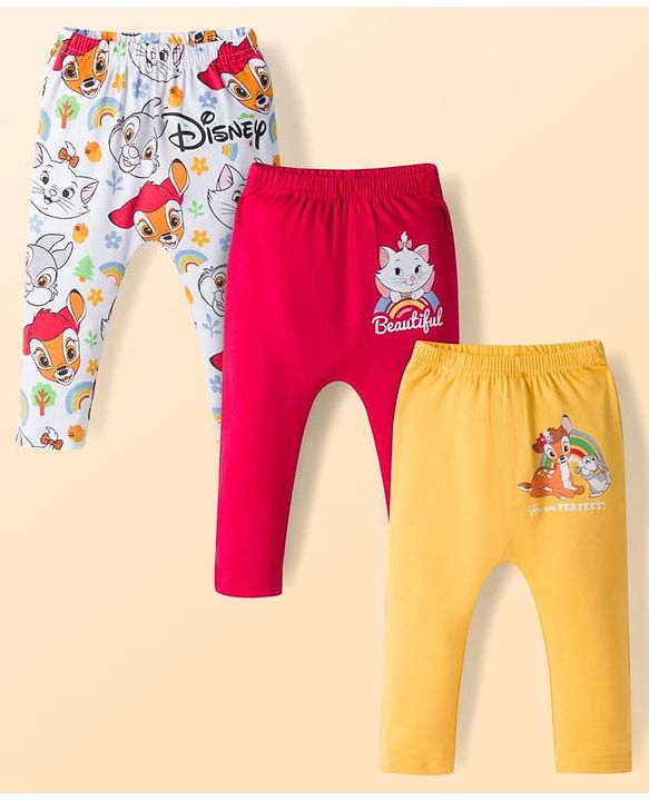 Babyhug Disney Interlock Knit Full Length Diaper Leggings with Marie Graphic Pack of 3 - Red Yellow & White
