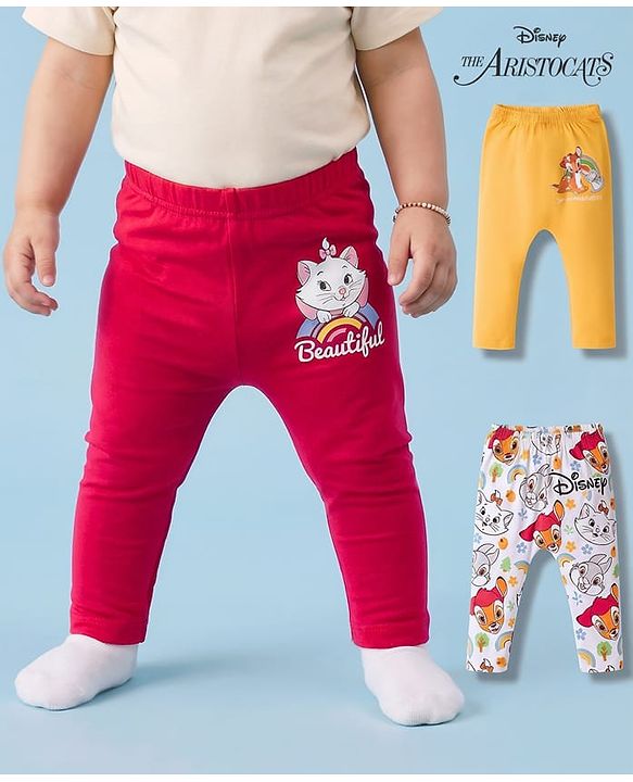 Babyhug Disney Interlock Knit Full Length Diaper Leggings with Marie Graphic Pack of 3 - Red Yellow & White
