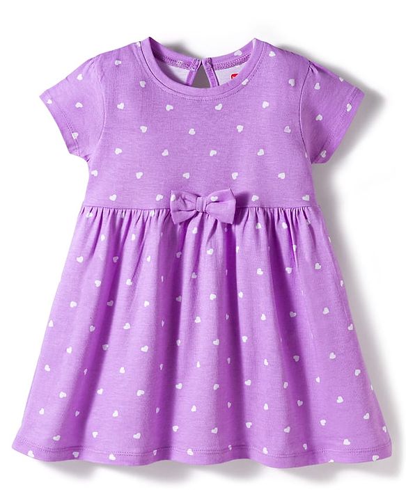Babyhug Cotton Knit Half Sleeves Frock With Heart Print & Bow Applique - Multicolor