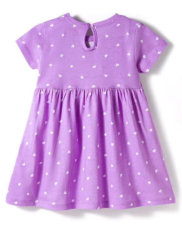 Babyhug Cotton Knit Half Sleeves Frock With Heart Print & Bow Applique - Multicolor