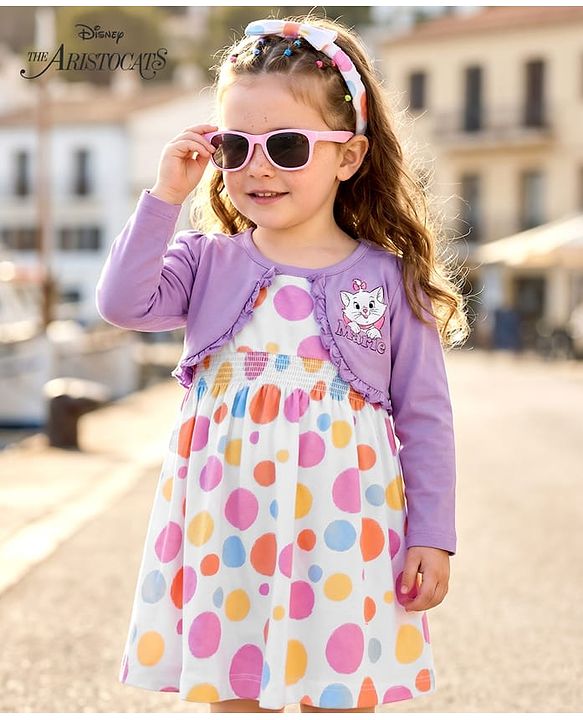 Babyhug Disney 100% Cotton Knit Full Sleeves Polka Dots Printed Frock With Attached Shrug & Marie Graphics & Headband - Multicolour