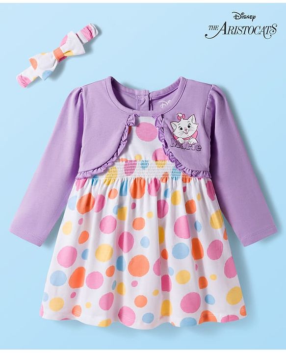 Babyhug Disney 100% Cotton Knit Full Sleeves Polka Dots Printed Frock With Attached Shrug & Marie Graphics & Headband - Multicolour