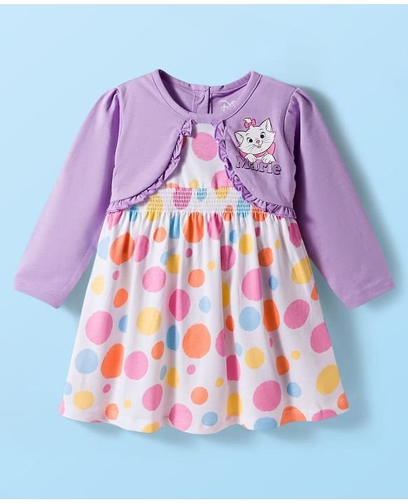 Babyhug Disney 100% Cotton Knit Full Sleeves Polka Dots Printed Frock With Attached Shrug & Marie Graphics & Headband - Multicolour