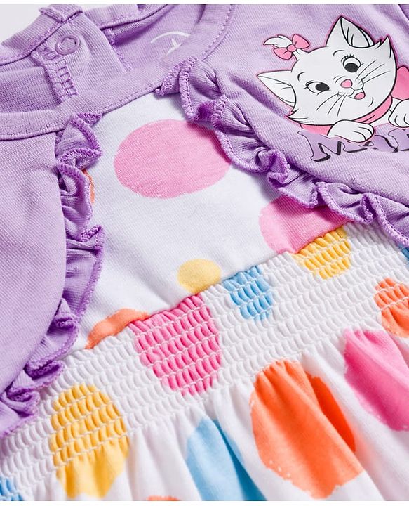 Babyhug Disney 100% Cotton Knit Full Sleeves Polka Dots Printed Frock With Attached Shrug & Marie Graphics & Headband - Multicolour