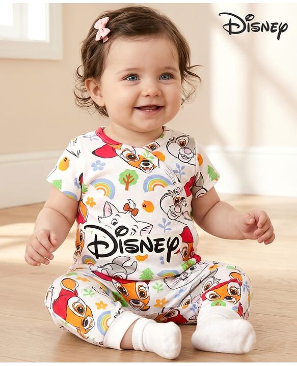 Babyhug Disney Interlock Knit Half Sleeves Romper With Marie Graphics - White