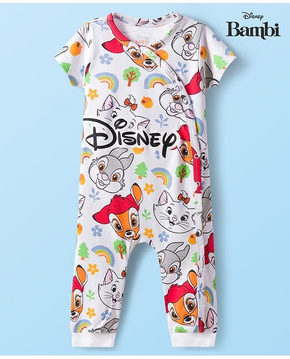 Babyhug Disney Interlock Knit Half Sleeves Romper With Marie Graphics - White