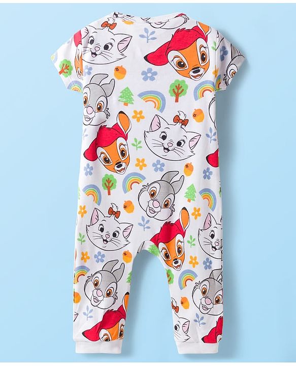 Babyhug Disney Interlock Knit Half Sleeves Romper With Marie Graphics - White