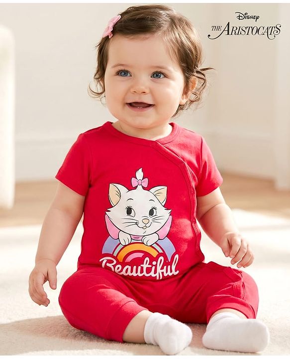 Babyhug Disney Interlock Knit Half Sleeves Romper With Marie Graphics - Red