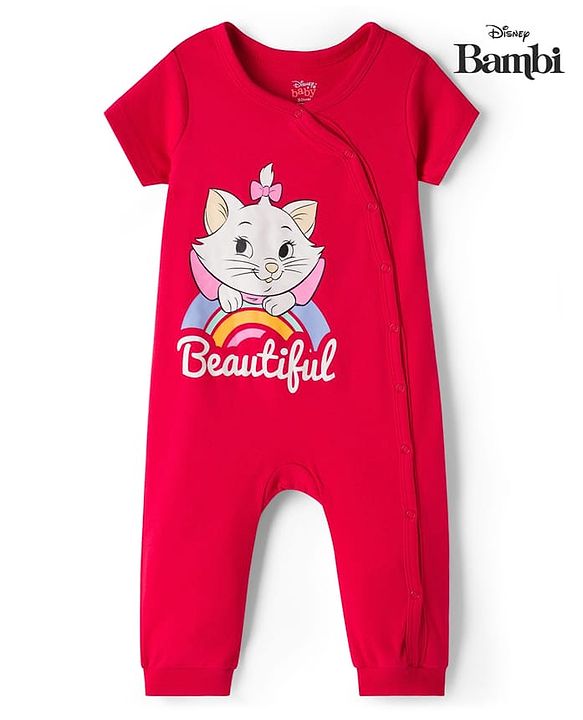 Babyhug Disney Interlock Knit Half Sleeves Romper With Marie Graphics - Red