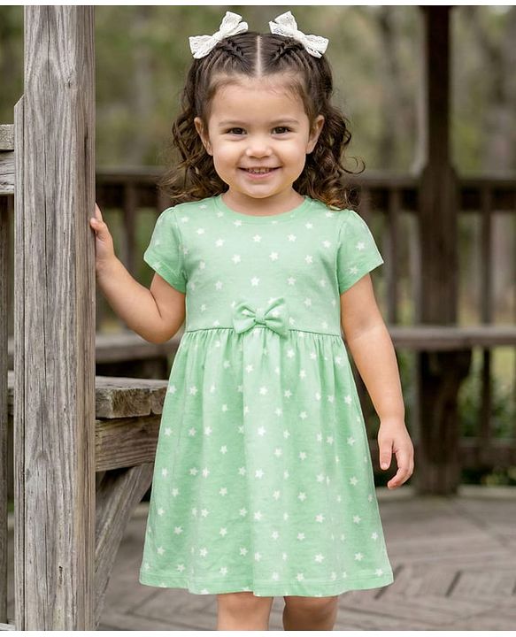 Babyhug 100% Cotton Knit Half Sleeves Star Printed Frock With Bow Applique - Light Green