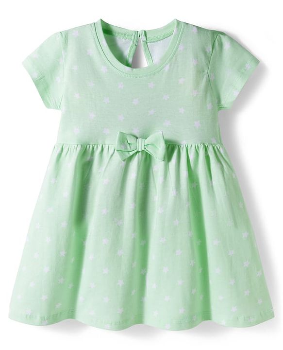 Babyhug 100% Cotton Knit Half Sleeves Star Printed Frock With Bow Applique - Light Green