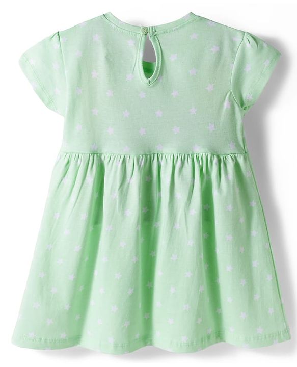 Babyhug 100% Cotton Knit Half Sleeves Star Printed Frock With Bow Applique - Light Green