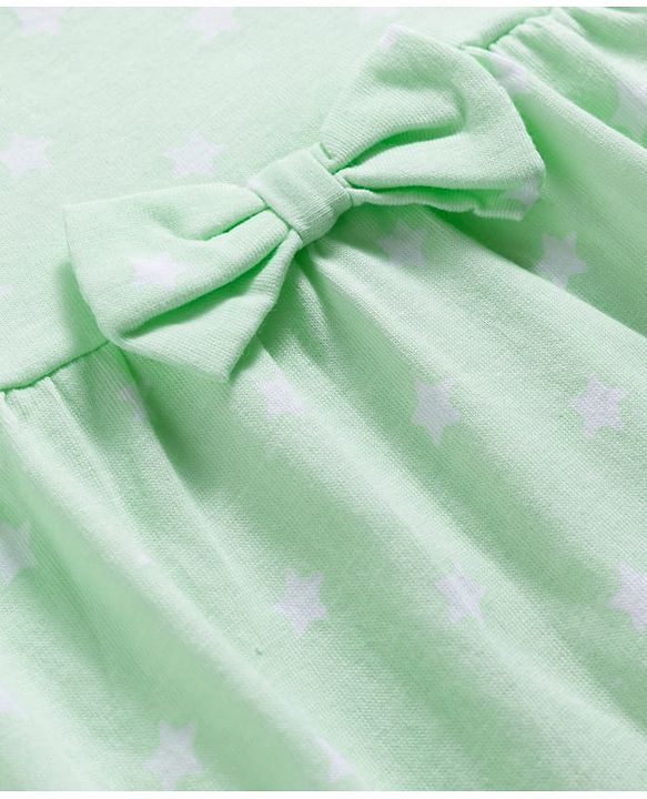 Babyhug 100% Cotton Knit Half Sleeves Star Printed Frock With Bow Applique - Light Green