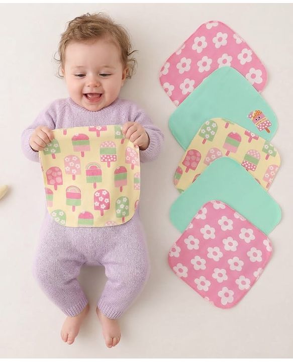 Babyhug Terry Knit Face & Hand Towel With Floral Print Pack Of 6 L 24 x B 24 cm- Multicolour