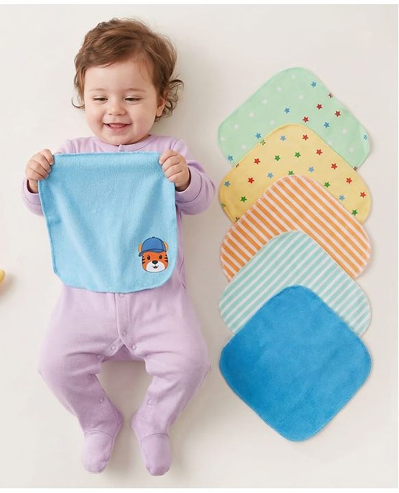 Babyhug Terry Knit Hand & Face Towel With Tiger Print Pack Of 6 L 24 x B 24 cm- Multicolour