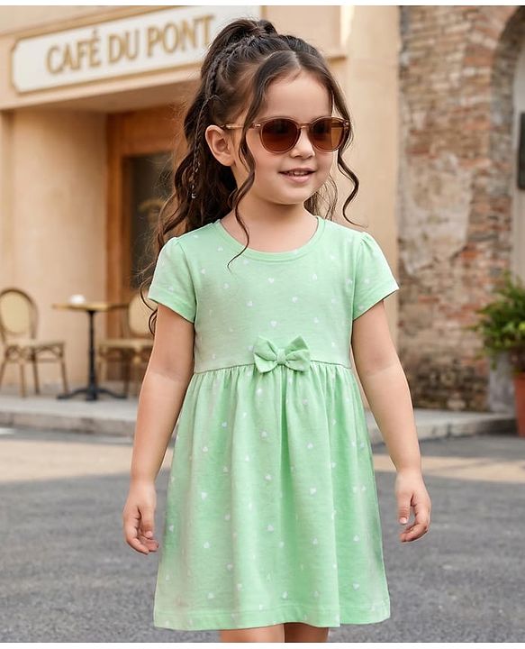 Babyhug 100% Cotton Knit Half Sleeves Star Printed Frock With Bow Applique - Light Green