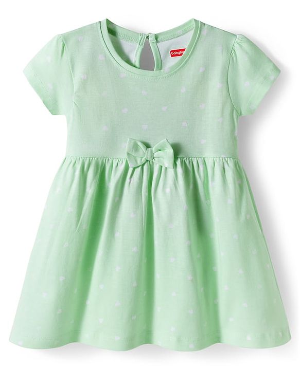 Babyhug 100% Cotton Knit Half Sleeves Star Printed Frock With Bow Applique - Light Green